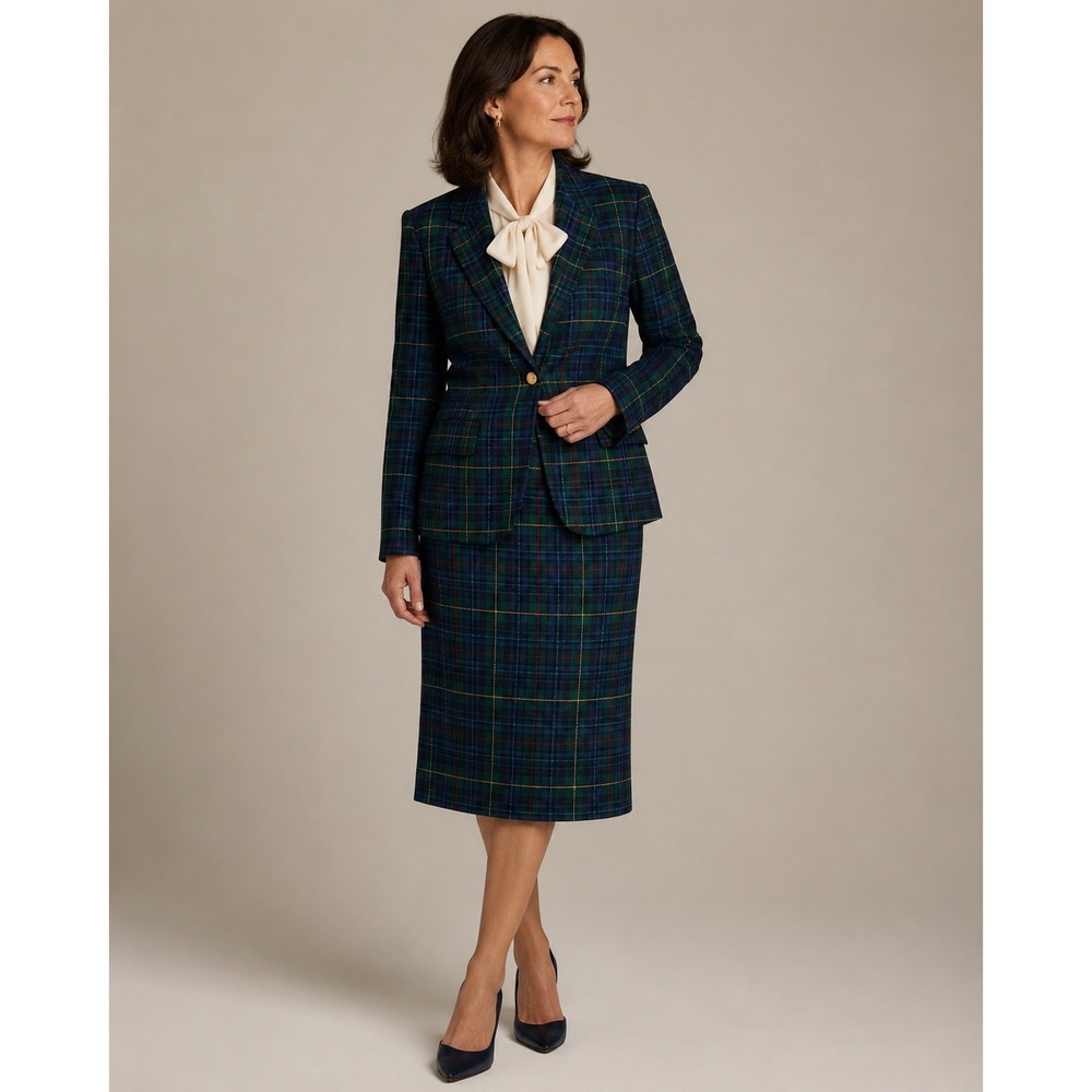 Pendleton Vintage Wool Skirt Suit Authentic Smith Tartan Plaid Blue Green 10